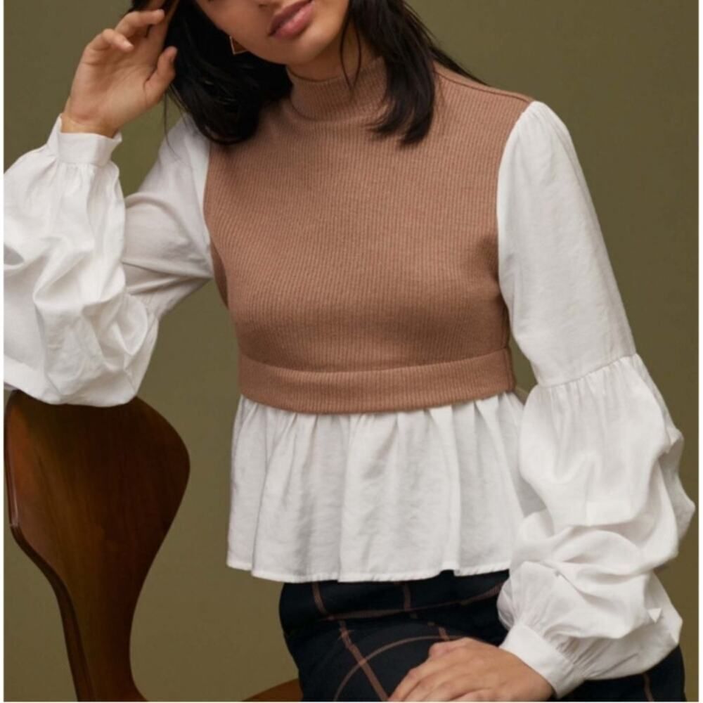 Anthropologie Tan and White Blouse